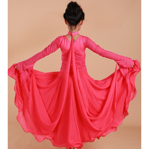 Black red fuchsia hot pink long sleeves v neck girl's kids children competition professional ballroom tango waltz dancing dresses